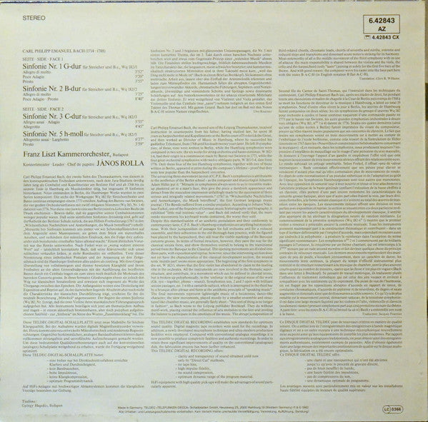 Carl Philipp Emanuel Bach, János Rolla, Liszt Ferenc Chamber Orchestra – 4 Hamburger Sinfonien LP vinyl record, image 2 of 3