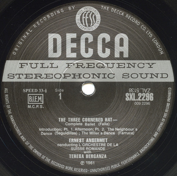 Manuel De Falla, Ernest Ansermet, L'Orchestre De La Suisse Romande, Teresa Berganza – The Three Cornered Hat LP vinyl record, image 3 of 4