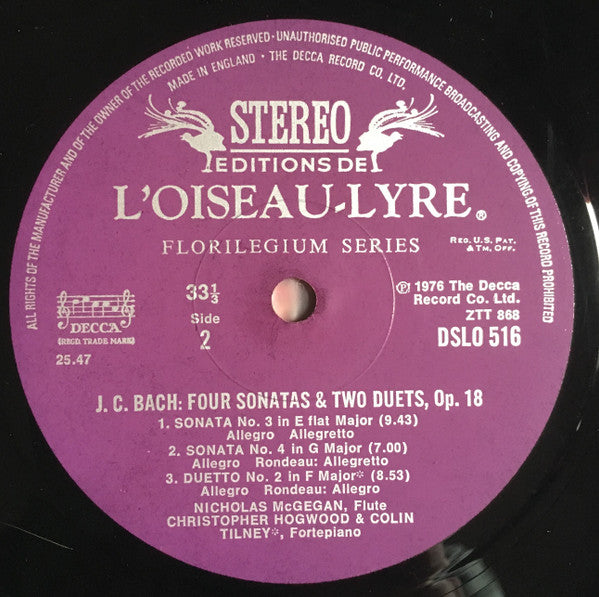 Nicholas McGegan, Colin Tilney, Christopher Hogwood, Johann Christian Bach – Four Sonatas & Two Duets, Op. 18 LP vinyl record, image 6 of 6