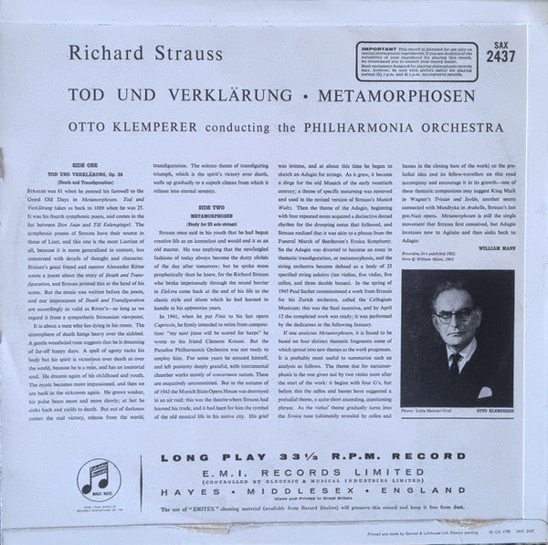 Richard Strauss, Otto Klemperer, Philharmonia Orchestra – Death And Transfiguration / Metamorphosen LP vinyl record, image 4 of 4