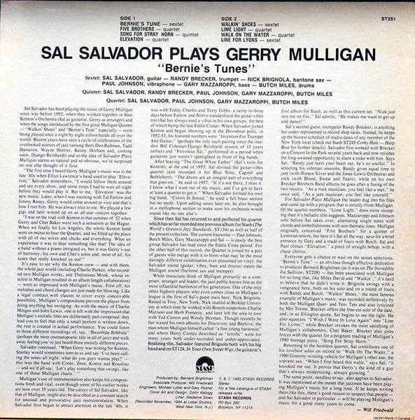 Sal Salvador, Randy Brecker, Nick Brignola – Plays Gerry Mulligan LP vinyl record, image 2 of 3