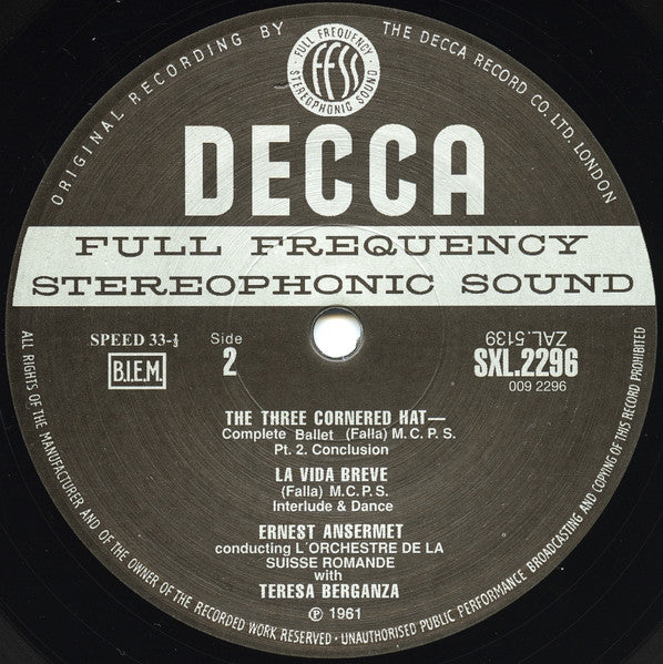 Manuel De Falla, Ernest Ansermet, L'Orchestre De La Suisse Romande, Teresa Berganza – The Three Cornered Hat LP vinyl record, image 4 of 4