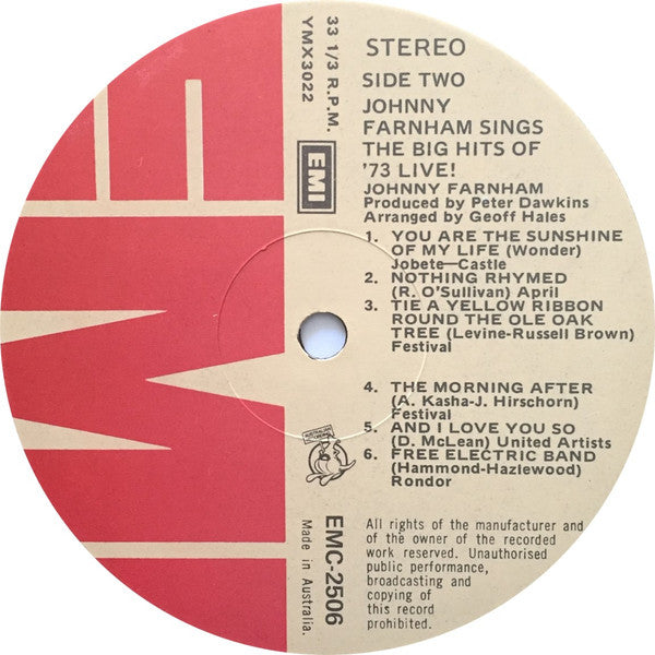John Farnham – Johnny Farnham Sings The Big Hits Of '73 Live! LP vinyl record, image 5 of 5