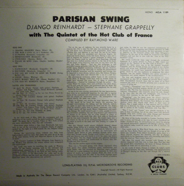 Django Reinhardt, Stéphane Grappelli, Quintette Du Hot Club De France – Parisian Swing LP vinyl record, image 2 of 4