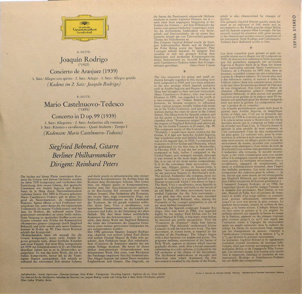 Joaquín Rodrigo, Mario Castelnuovo-Tedesco, Siegfried Behrend – Concierto de Aranjuez / Concerto In D LP vinyl record, image 2 of 4