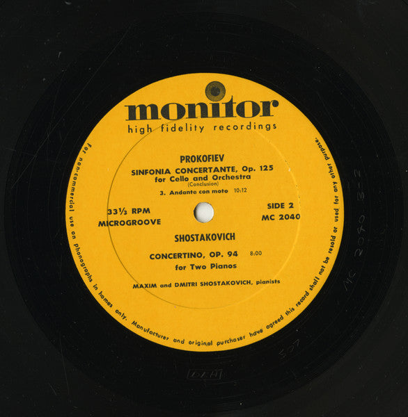Sergei Prokofiev, Mstislav Rostropovich, Leningrad Philharmonic Orchestra, Kurt Sanderling, Maxim Shostakovich, Dmitri Shostakovich – Opus 125 For Cello And Orchestra Sinfonia Concertante / Concertino For Two Pianos, Opus 94 LP vinyl record, image 4 of 4