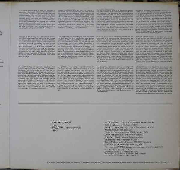 Elisabeth Söderström, Kerstin Meyer, Jan Eyron – Kodály, Tjajkovskij, Dvořák, Purcell, Wennerberg, Geijer, Rossini LP vinyl record, image 3 of 6
