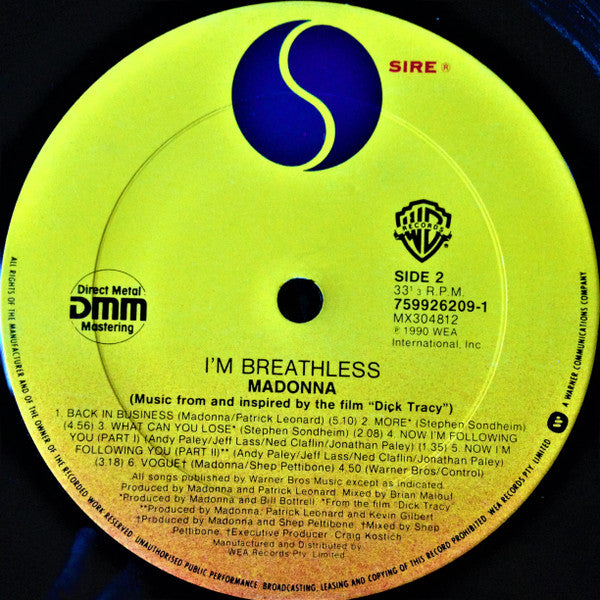 Madonna – I'm Breathless (Music From And Inspired By The Film Dick Tracy) LP vinyl record, image 9 of 9