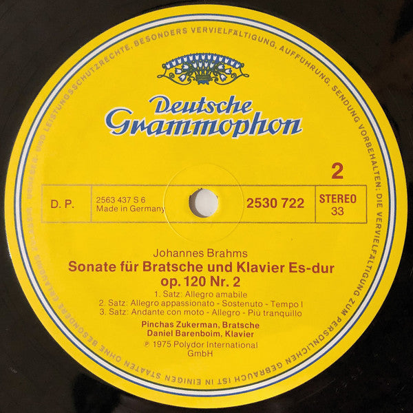 Johannes Brahms, Pinchas Zukerman, Daniel Barenboim – Die Bratschensonaten = The Viola Sonatas, Op. 120 LP vinyl record, image 3 of 3
