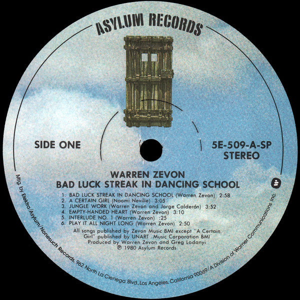 Warren Zevon – Bad Luck Streak In Dancing School LP vinyl record, image 3 of 6