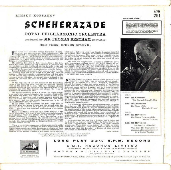 Nikolai Rimsky-Korsakov, Royal Philharmonic Orchestra, Sir Thomas Beecham – Scheherazade LP vinyl record, image 2 of 4