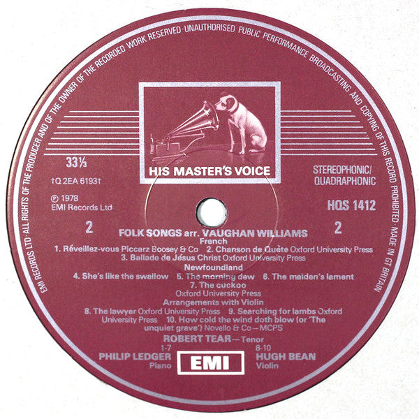Ralph Vaughan Williams, Robert Tear, Philip Ledger, Hugh Bean – As I Walked Out - Folk Song Arrangements LP vinyl record, image 4 of 4