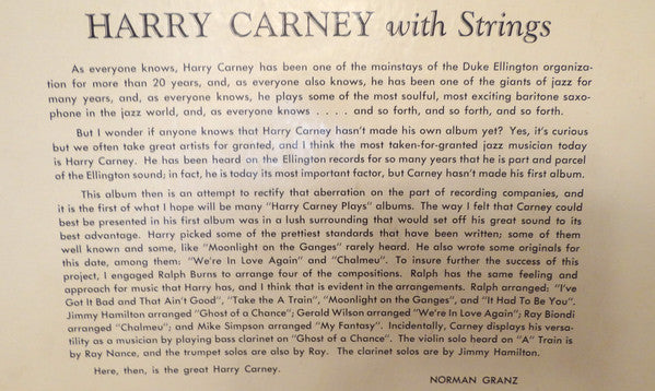 Harry Carney – With Strings LP vinyl record, image 2 of 3