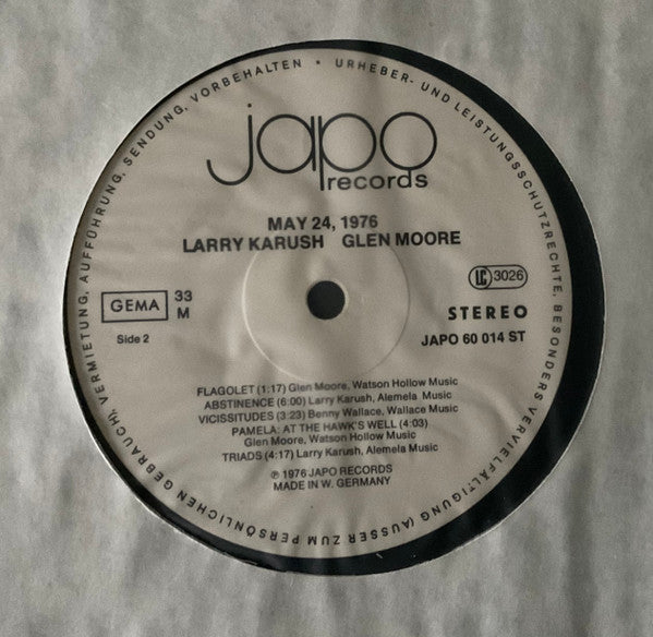 Larry Karush, Glen Moore – May 24, 1976 LP vinyl record, image 2 of 4