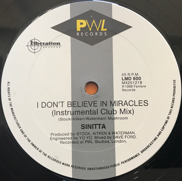 Sinitta – I Don't Believe In Miracles (Merlin's Magical Mix) 12" vinyl record, image 4 of 4