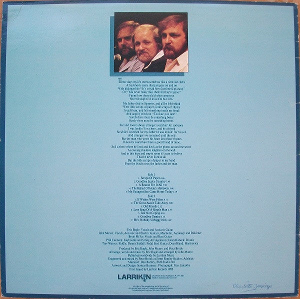 Eric Bogle, John Munro, Brent Miller – Scraps Of Paper LP vinyl record, image 2 of 7