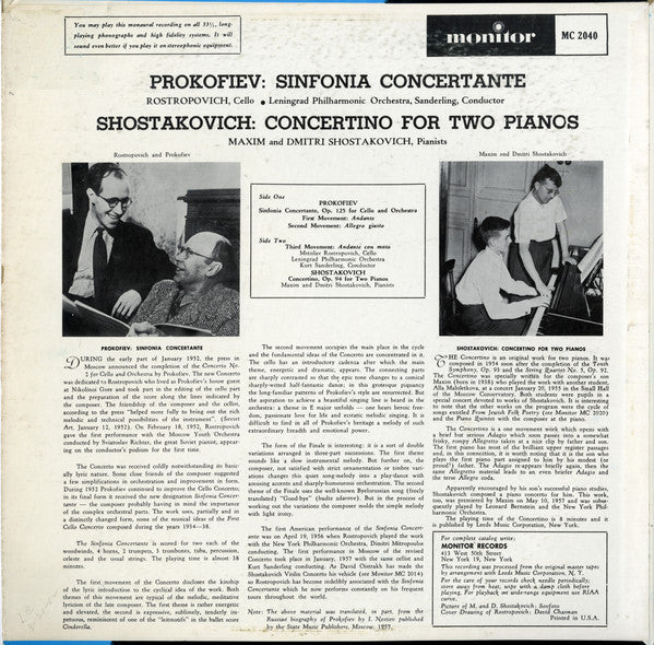 Sergei Prokofiev, Mstislav Rostropovich, Leningrad Philharmonic Orchestra, Kurt Sanderling, Maxim Shostakovich, Dmitri Shostakovich – Opus 125 For Cello And Orchestra Sinfonia Concertante / Concertino For Two Pianos, Opus 94 LP vinyl record, image 2 of 4