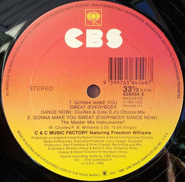 C + C Music Factory, Freedom Williams – Gonna Make You Sweat (Everybody Dance Now) 12" vinyl record, image 4 of 4