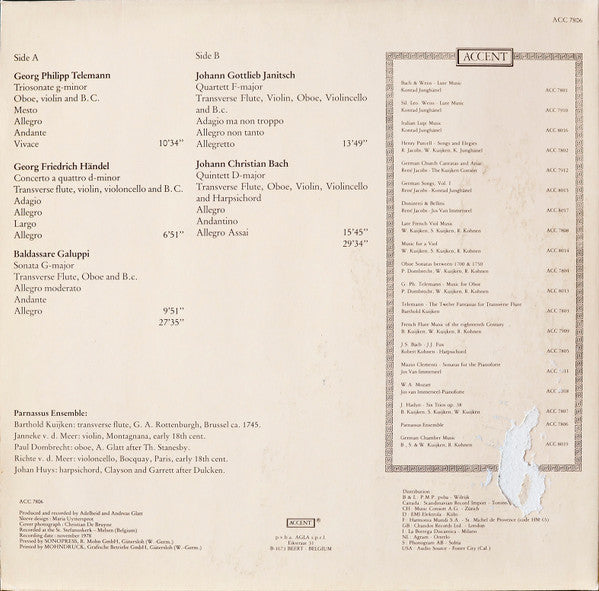 Georg Philipp Telemann, Georg Friedrich Händel, Baldassare Galuppi, Johann Gottlieb Janitsch, Johann Christian Bach, Parnassus Ensemble – Parnassus Ensemble LP vinyl record, image 2 of 5