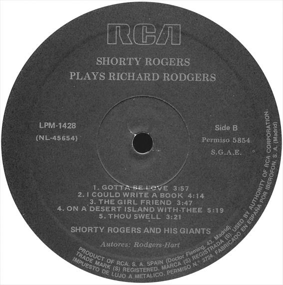 Shorty Rogers And His Giants – Shorty Rogers Plays Richard Rodgers LP vinyl record, image 4 of 4