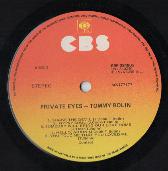 Tommy Bolin – Private Eyes LP vinyl record, image 6 of 6