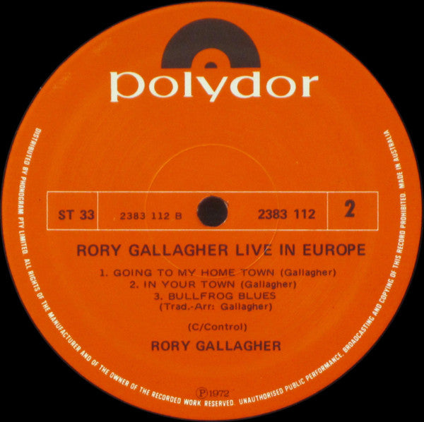 Rory Gallagher – Live! In Europe LP vinyl record, image 4 of 4