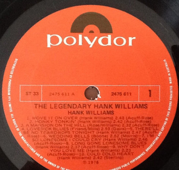 Hank Williams – The Legendary Hank Williams LP vinyl record, image 3 of 4