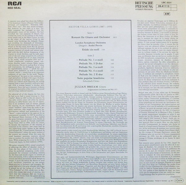Julian Bream, Heitor Villa-Lobos, London Symphony Orchestra, André Previn – Julian Bream Plays Villa-Lobos LP vinyl record, image 2 of 4