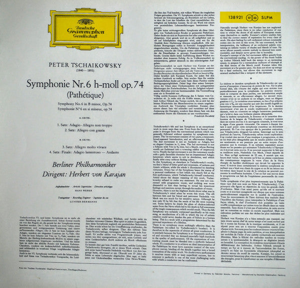 Pyotr Ilyich Tchaikovsky, Berliner Philharmoniker, Herbert von Karajan – Symphonie Nr.6 h-moll »Pathétique« LP vinyl record, image 2 of 4