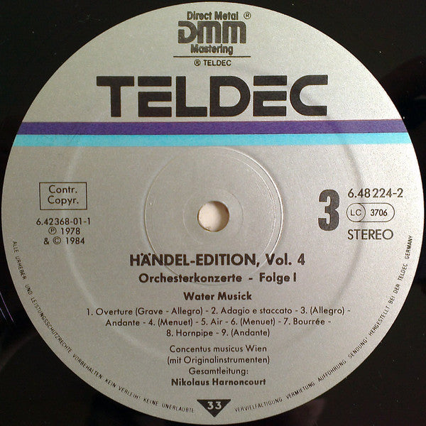 Georg Friedrich Händel, Concentus Musicus Wien, Nikolaus Harnoncourt – Water Musick · 6 Concerti Grossi Op. 3 (2xLP) LP vinyl record, image 7 of 8