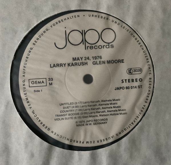 Larry Karush, Glen Moore – May 24, 1976 LP vinyl record, image 3 of 4