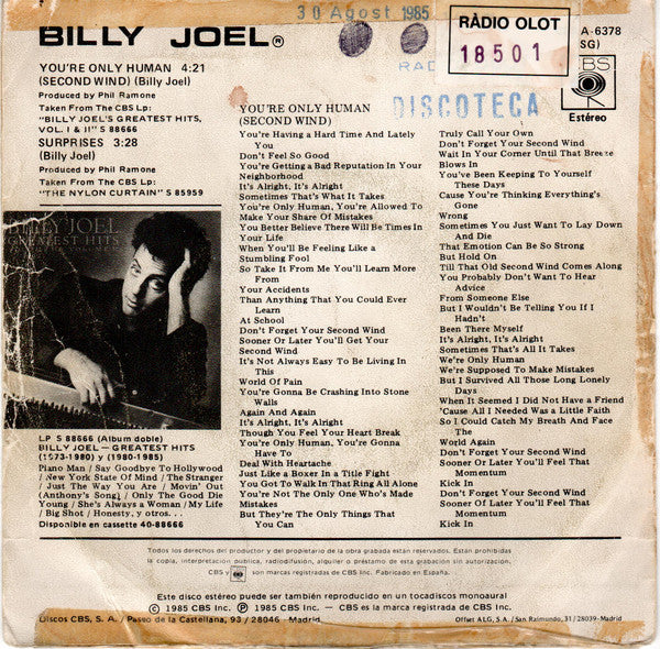 Billy Joel – You're Only Human (Second Wind) 7" vinyl record, image 2 of 4