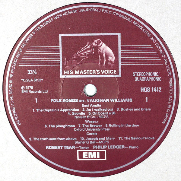 Ralph Vaughan Williams, Robert Tear, Philip Ledger, Hugh Bean – As I Walked Out - Folk Song Arrangements LP vinyl record, image 3 of 4