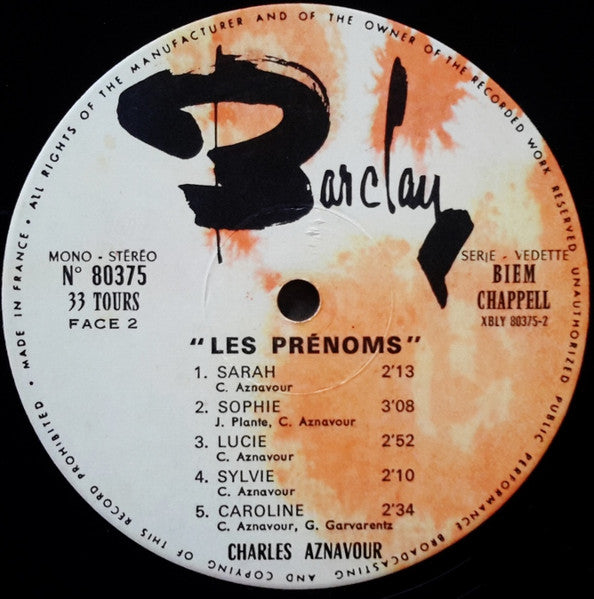 Charles Aznavour – Les Prénoms LP vinyl record, image 5 of 5