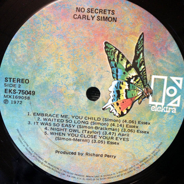 Carly Simon – No Secrets LP vinyl record, image 5 of 5