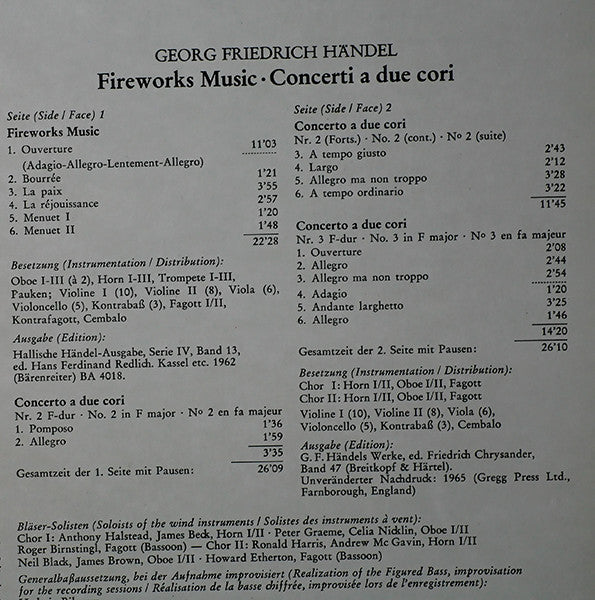 Georg Friedrich Händel, English Chamber Orchestra, Karl Richter – Fireworks Music • Concerti A Due Cori LP vinyl record, image 3 of 5