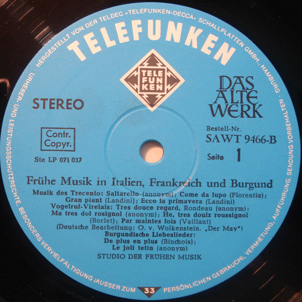 Studio Der Frühen Musik – Frühe Musik In Italien, Frankreich Und Burgund • Early Music In Italy, France And Burgundy LP vinyl record, image 3 of 4