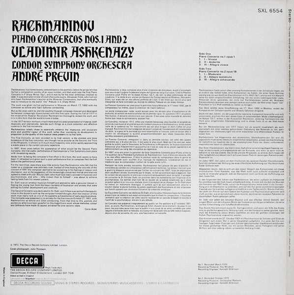 Sergei Rachmaninoff, Vladimir Ashkenazy, London Symphony Orchestra, André Previn – Piano Concertos Nos. 1 And 2 LP vinyl record, image 2 of 4