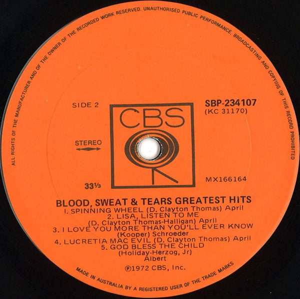 Blood, Sweat And Tears – Blood, Sweat & Tears Greatest Hits LP vinyl record, image 4 of 4