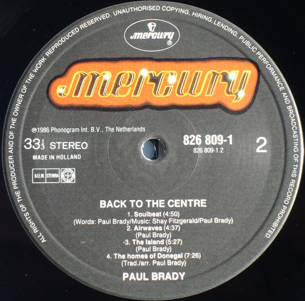 Paul Brady – Back To The Centre LP vinyl record, image 6 of 8
