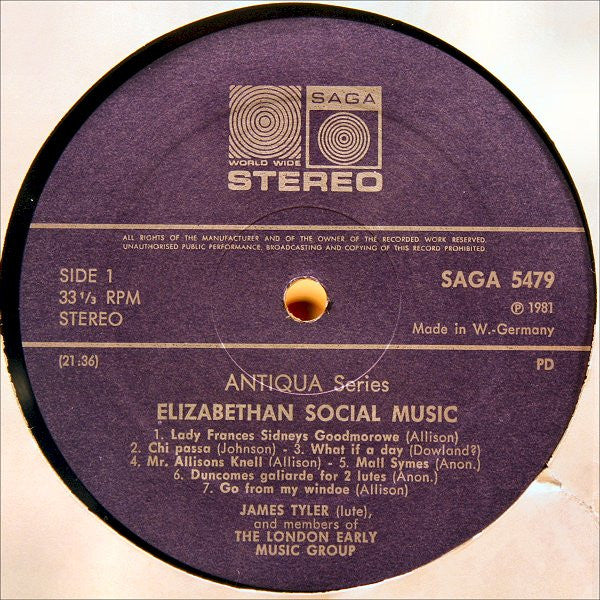 James Tyler, The London Early Music Group – Elizabethan Social Music (English Consorts, Lute Duets And Solos) LP vinyl record, image 3 of 4