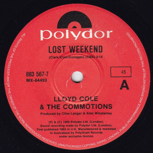 Lloyd Cole & The Commotions – Lost Weekend 7" vinyl record, image 1 of 2
