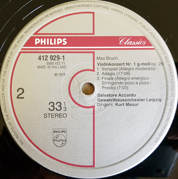 Felix Mendelssohn-Bartholdy, Max Bruch, Salvatore Accardo – Violin Concertos LP vinyl record, image 4 of 4