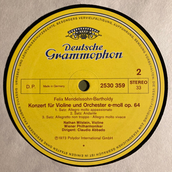 Felix Mendelssohn-Bartholdy, Pyotr Ilyich Tchaikovsky, Nathan Milstein, Wiener Philharmoniker, Claudio Abbado – Violinkonzerte LP vinyl record, image 4 of 4