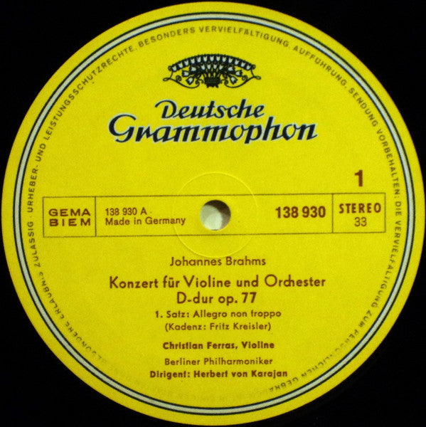 Johannes Brahms, Christian Ferras, Herbert von Karajan, Berliner Philharmoniker – Konzert Für Violine Und Orchester D-Dur LP vinyl record, image 3 of 3