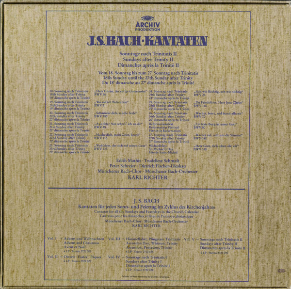 Johann Sebastian Bach, Karl Richter, Münchener Bach-Orchester, Münchener Bach-Chor, Edith Mathis, Trudeliese Schmidt, Peter Schreier, Dietrich Fischer-Dieskau – Kantaten: Sonntage Nach Trinitatis - Sunday After Trinity - Dimanches Après La... (6xLP) LP vinyl record, image 2 of 2