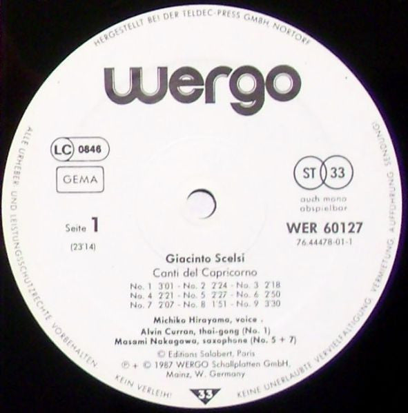 Giacinto Scelsi – Canti Del Capricorno LP vinyl record, image 3 of 3