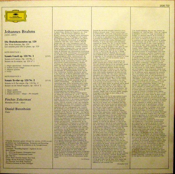 Johannes Brahms, Pinchas Zukerman, Daniel Barenboim – Die Bratschensonaten = The Viola Sonatas, Op. 120 LP vinyl record, image 2 of 3