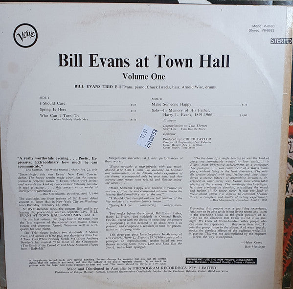 The Bill Evans Trio – Bill Evans At Town Hall (Volume One) LP vinyl record, image 2 of 2