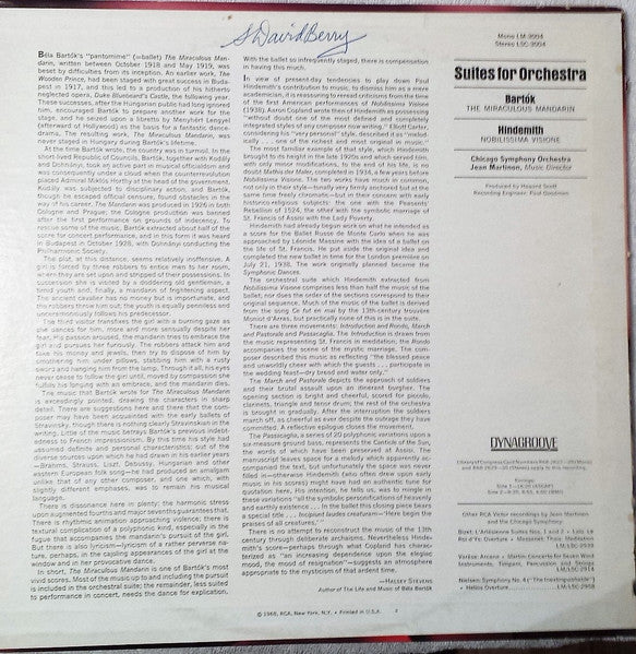 Béla Bartók, Paul Hindemith, Chicago Symphony Orchestra, Jean Martinon – Suites For Orchestra (The Miraculous Mandarin / Nobilissima Visione) LP vinyl record, image 2 of 4